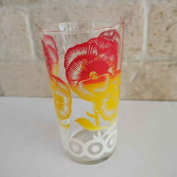 Vintage Pansies Drinking Glass, Red Yellow Collectible Juice Glass - Picture 3 of 7